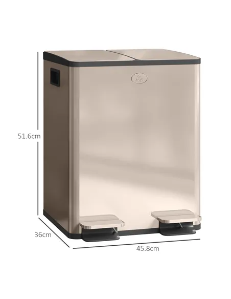 HOMCOM 40L Dual Compartment Stainless Steel Bin, with Deodoriser Holders - Gold Tone