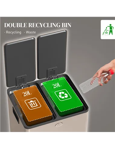 HOMCOM 40L Dual Compartment Stainless Steel Bin, with Deodoriser Holders - Gold Tone