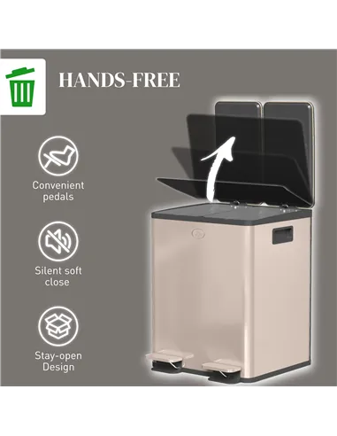 HOMCOM 40L Dual Compartment Stainless Steel Bin, with Deodoriser Holders - Gold Tone