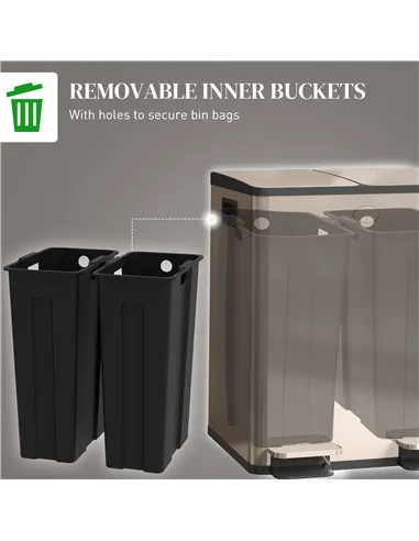 HOMCOM 40L Dual Compartment Stainless Steel Bin, with Deodoriser Holders - Gold Tone