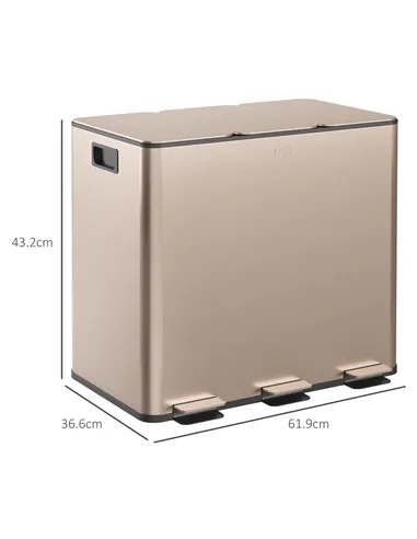 HOMCOM 45L Triple Compartment Stainless Steel Bin, with Deodoriser Holders - Gold Tone