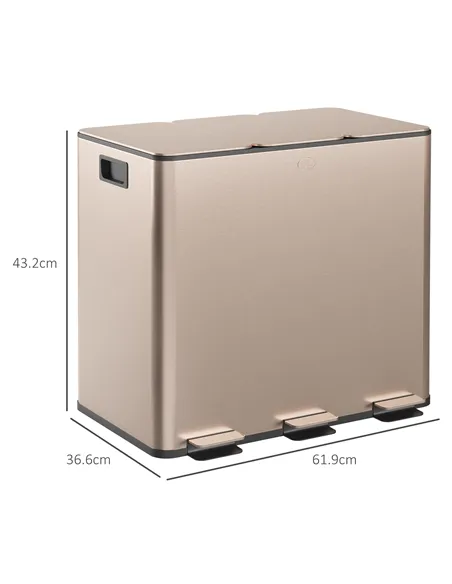 HOMCOM 45L Triple Compartment Stainless Steel Bin, with Deodoriser Holders - Gold Tone