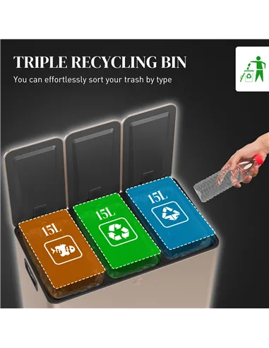 HOMCOM 45L Triple Compartment Stainless Steel Bin, with Deodoriser Holders - Gold Tone