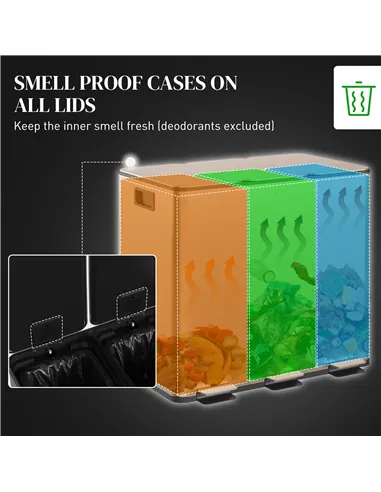 HOMCOM 45L Triple Compartment Stainless Steel Bin, with Deodoriser Holders - Gold Tone