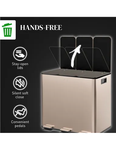 HOMCOM 45L Triple Compartment Stainless Steel Bin, with Deodoriser Holders - Gold Tone