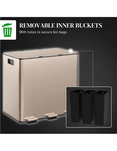 HOMCOM 45L Triple Compartment Stainless Steel Bin, with Deodoriser Holders - Gold Tone