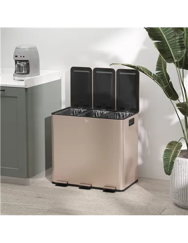 HOMCOM 45L Triple Compartment Stainless Steel Bin, with Deodoriser Holders - Gold Tone