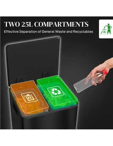 HOMCOM 50L Dual Compartment Stainless Steel Bin, with Deodoriser Holders - Black