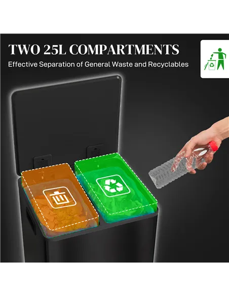 HOMCOM 50L Dual Compartment Stainless Steel Bin, with Deodoriser Holders - Black