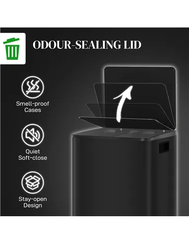 HOMCOM 50L Dual Compartment Stainless Steel Bin, with Deodoriser Holders - Black