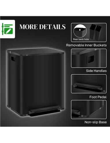 HOMCOM 50L Dual Compartment Stainless Steel Bin, with Deodoriser Holders - Black