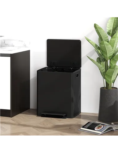 HOMCOM 50L Dual Compartment Stainless Steel Bin, with Deodoriser Holders - Black