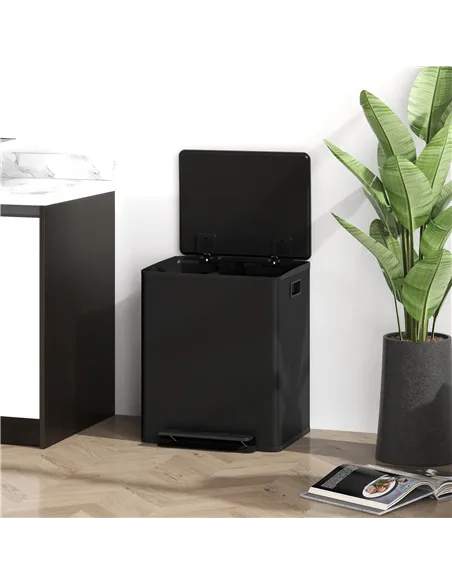 HOMCOM 50L Dual Compartment Stainless Steel Bin, with Deodoriser Holders - Black