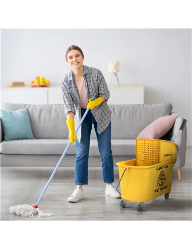 HOMCOM Mop Bucket with Wringer Set on Wheels for Floor Cleaning, 20 Litre Side Press Wringer with Handle and Mop, Yellow