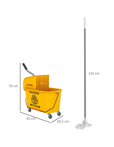 HOMCOM Mop Bucket with Wringer Set on Wheels for Floor Cleaning, 20 Litre Side Press Wringer with Handle and Mop, Yellow