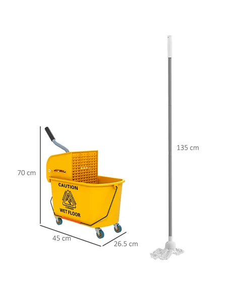 HOMCOM Mop Bucket with Wringer Set on Wheels for Floor Cleaning, 20 Litre Side Press Wringer with Handle and Mop, Yellow