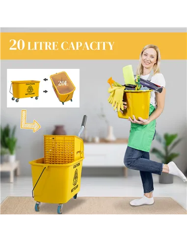 HOMCOM Mop Bucket with Wringer Set on Wheels for Floor Cleaning, 20 Litre Side Press Wringer with Handle and Mop, Yellow