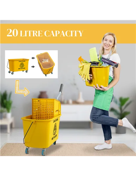 HOMCOM Mop Bucket with Wringer Set on Wheels for Floor Cleaning, 20 Litre Side Press Wringer with Handle and Mop, Yellow