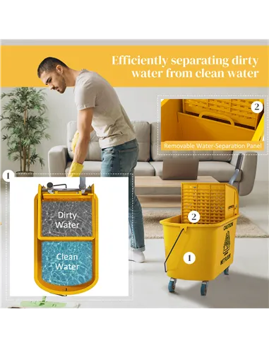 HOMCOM Mop Bucket with Wringer Set on Wheels for Floor Cleaning, 20 Litre Side Press Wringer with Handle and Mop, Yellow