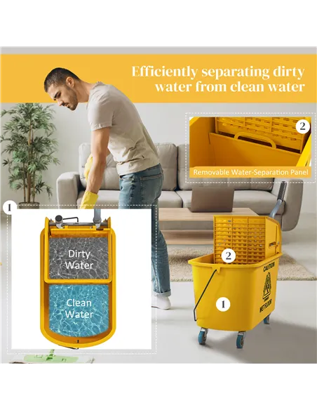 HOMCOM Mop Bucket with Wringer Set on Wheels for Floor Cleaning, 20 Litre Side Press Wringer with Handle and Mop, Yellow