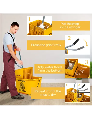 HOMCOM Mop Bucket with Wringer Set on Wheels for Floor Cleaning, 20 Litre Side Press Wringer with Handle and Mop, Yellow