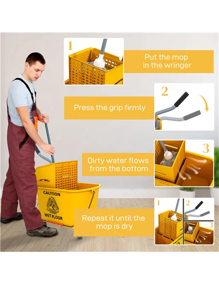 HOMCOM Mop Bucket with Wringer Set on Wheels for Floor Cleaning, 20 Litre Side Press Wringer with Handle and Mop, Yellow