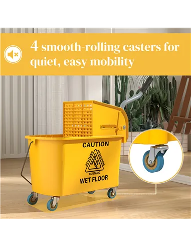 HOMCOM Mop Bucket with Wringer Set on Wheels for Floor Cleaning, 20 Litre Side Press Wringer with Handle and Mop, Yellow