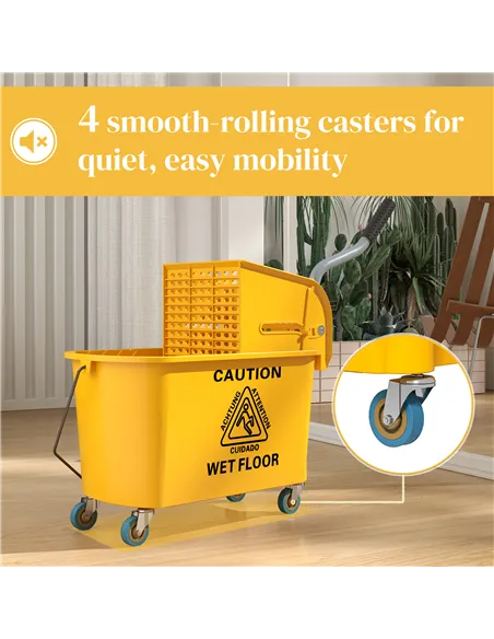 HOMCOM Mop Bucket with Wringer Set on Wheels for Floor Cleaning, 20 Litre Side Press Wringer with Handle and Mop, Yellow