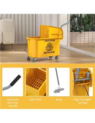 HOMCOM Mop Bucket with Wringer Set on Wheels for Floor Cleaning, 20 Litre Side Press Wringer with Handle and Mop, Yellow