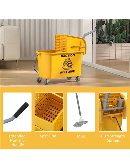 HOMCOM Mop Bucket with Wringer Set on Wheels for Floor Cleaning, 20 Litre Side Press Wringer with Handle and Mop, Yellow