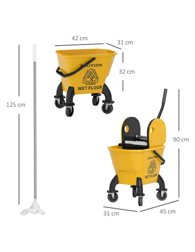 HOMCOM 26 Litre Mop Bucket, with Wringer and Mop - Yellow