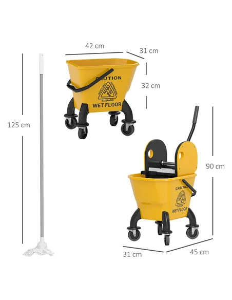 HOMCOM 26 Litre Mop Bucket, with Wringer and Mop - Yellow