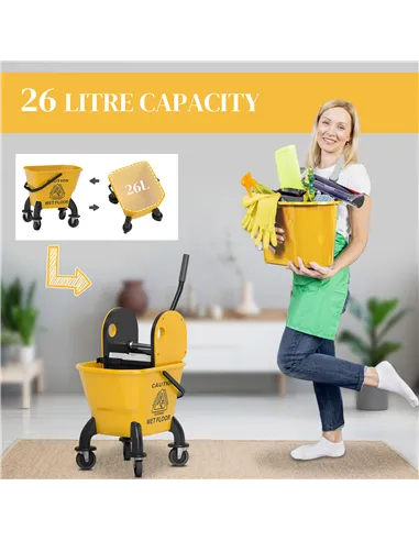 HOMCOM 26 Litre Mop Bucket, with Wringer and Mop - Yellow