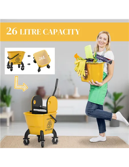 HOMCOM 26 Litre Mop Bucket, with Wringer and Mop - Yellow