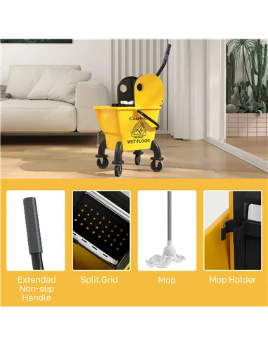 HOMCOM 26 Litre Mop Bucket, with Wringer and Mop - Yellow