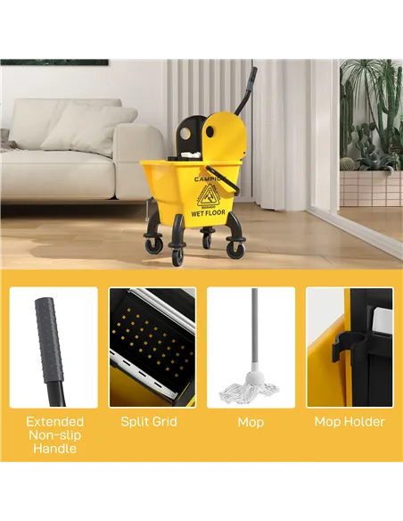 HOMCOM 26 Litre Mop Bucket, with Wringer and Mop - Yellow