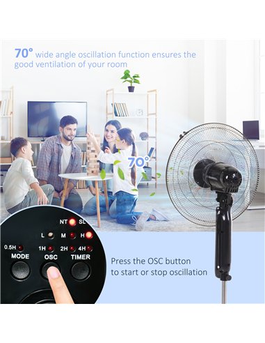 HOMCOM 18" Pedestal Fan, Oscillating Standing Fan with Remote Control, Floor Fan with Adjustable Height, 3 Speed, 7.5-Hour Timer