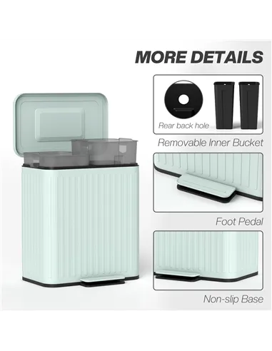 HOMCOM 40L Dual Compartment Rubbish Bin, with Soft-Close Lid - Green