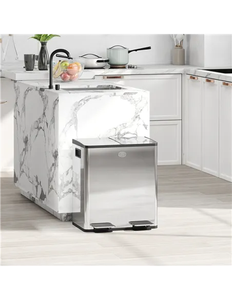 HOMCOM 40L Dual Compartment Stainless Steel Bin, with Deodoriser Holders - Silver Tone
