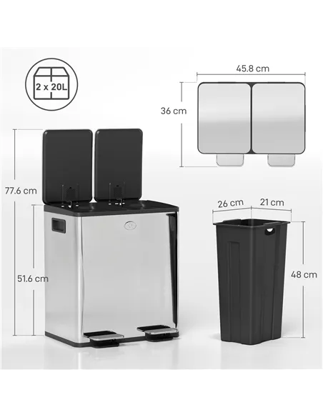 HOMCOM 40L Dual Compartment Stainless Steel Bin, with Deodoriser Holders - Silver Tone
