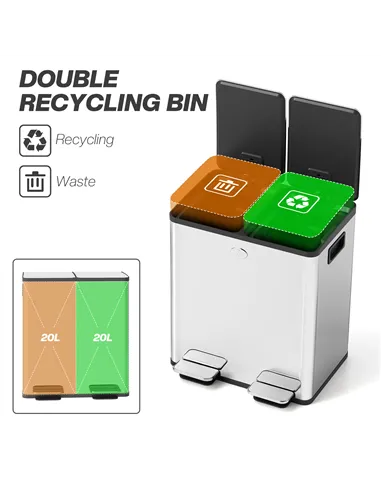 HOMCOM 40L Dual Compartment Stainless Steel Bin, with Deodoriser Holders - Silver Tone