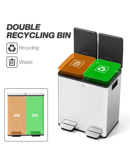 HOMCOM 40L Dual Compartment Stainless Steel Bin, with Deodoriser Holders - Silver Tone