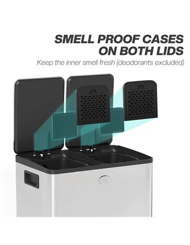 HOMCOM 40L Dual Compartment Stainless Steel Bin, with Deodoriser Holders - Silver Tone