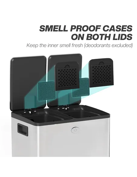 HOMCOM 40L Dual Compartment Stainless Steel Bin, with Deodoriser Holders - Silver Tone