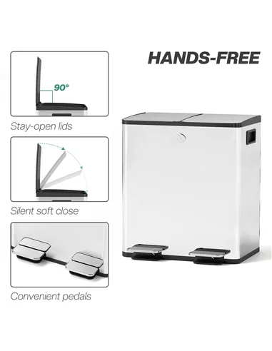 HOMCOM 40L Dual Compartment Stainless Steel Bin, with Deodoriser Holders - Silver Tone