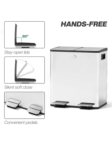 HOMCOM 40L Dual Compartment Stainless Steel Bin, with Deodoriser Holders - Silver Tone