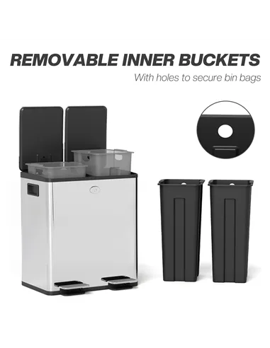 HOMCOM 40L Dual Compartment Stainless Steel Bin, with Deodoriser Holders - Silver Tone