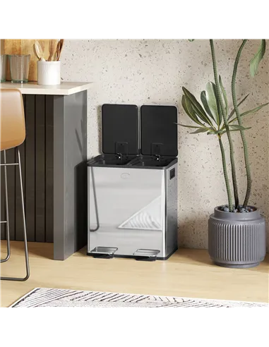 HOMCOM 40L Dual Compartment Stainless Steel Bin, with Deodoriser Holders - Silver Tone