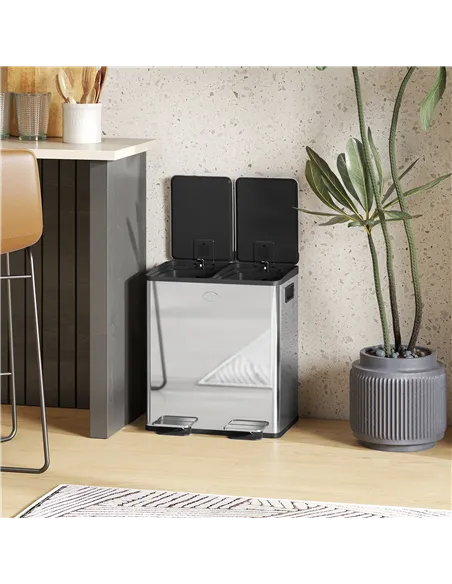 HOMCOM 40L Dual Compartment Stainless Steel Bin, with Deodoriser Holders - Silver Tone