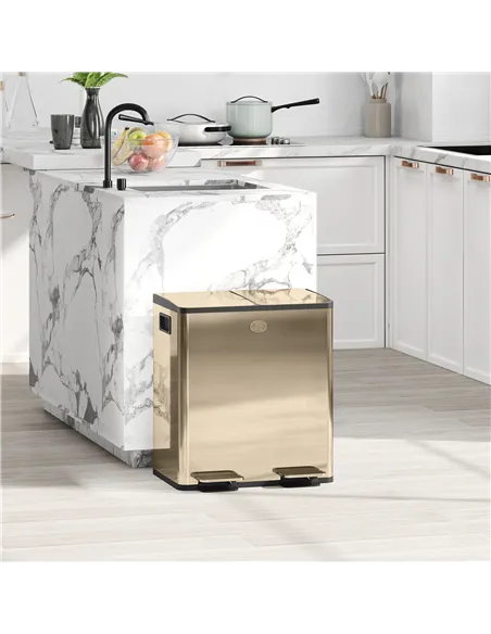 HOMCOM 40L Dual Compartment Stainless Steel Bin, with Deodoriser Holders - Gold Tone